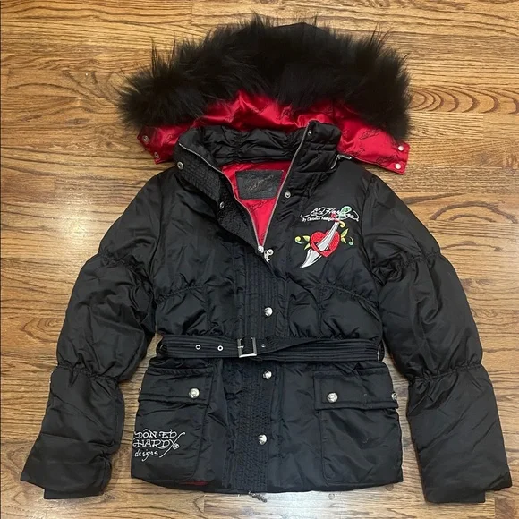 Limited edition Ed Hardy Christian Audigier puffer jacket with hood Adult Large - Picture 1 of 16